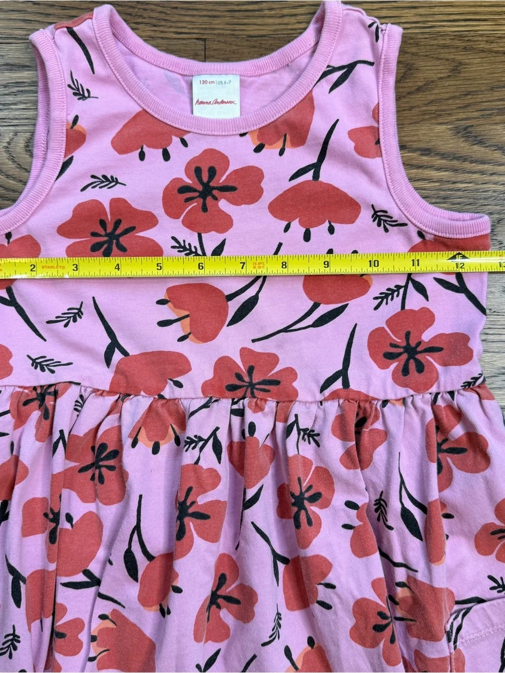 Hanna Andersson Girls Poppy Pink Pocket Dress with Red/ Orange Floral Print 6-7